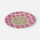 Rosa Quatrefolie mit Girl-Monogramm und Name Pappteller (Schrägansicht)