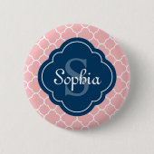 rosa Quatrefolienmuster Navy Monogram Button (Vorderseite)