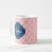 rosa Quatrefolienmuster Navy Monogram Kaffeetasse (Vorderseite Links)