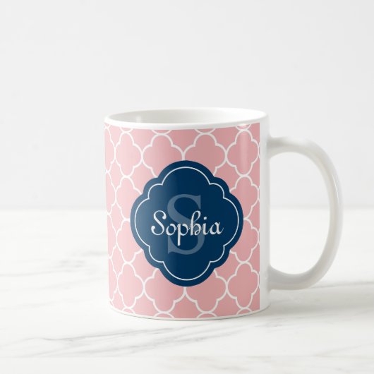 rosa Quatrefolienmuster Navy Monogram Kaffeetasse (Rechts)