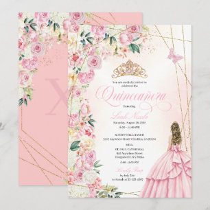Rosa Quinceañera-Blumen- und Gold-Glitter-Prinzess Einladung