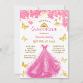 Rosa Quinceanera Blumendruckerkleidung und Tiara Einladung (Vorderseite)