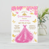 Rosa Quinceanera Blumendruckerkleidung und Tiara Einladung (Stehend Vorderseite)
