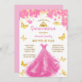 Rosa Quinceanera Blumendruckerkleidung und Tiara Einladung (Vorne/Hinten)