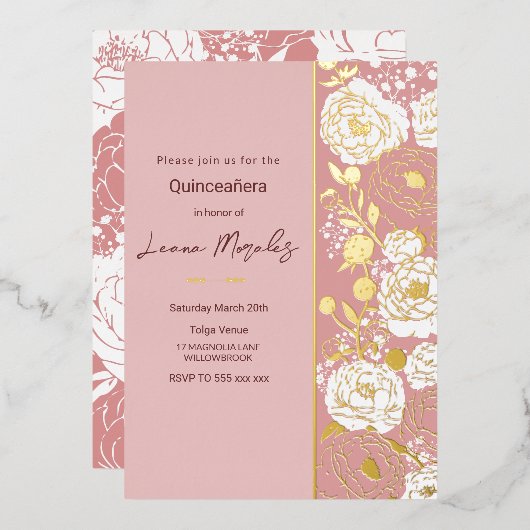 Rosa Quinceañera Einladung (Vorderseite/Rückseite)