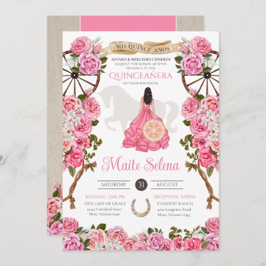 Rosa Quinceanera Elegante Rose Charro Geburtstag Einladung (Vorne/Hinten)