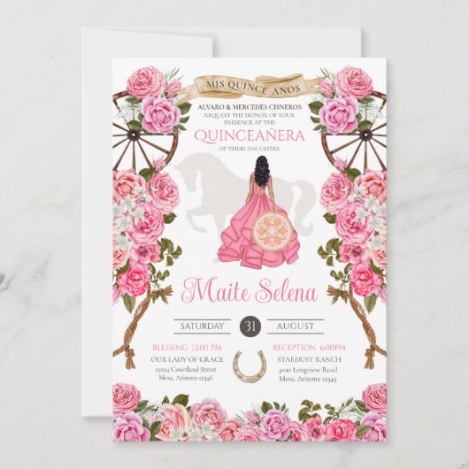 Rosa Quinceanera Elegante Rose Western Charra Einladung (Vorderseite)