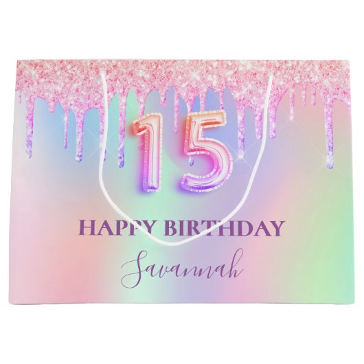 Rosa Quinceanera-Glitzer-Tropfen Regenbogenmonogra Große Geschenktüte (Vorderseite)