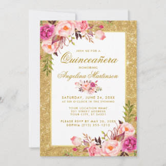 Rosa Quinceanera Gold Glitzer Einladung