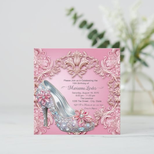 Rosa Quinceañera High Heel Shoe Einladung (Stehend Vorderseite)