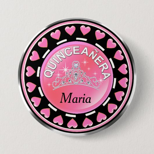 Rosa Quinceanera Prinzessin Tiara Love Hearts | Button (Vorderseite)