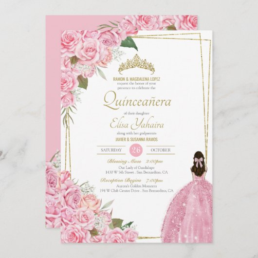 Rosa Quinceanera Rose Blumenstrauß Elegantes Gewan Einladung (Vorne/Hinten)