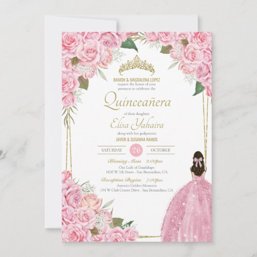 Rosa Quinceanera Rose Blumenstrauß Rosa Elegantes Einladung (Vorderseite)