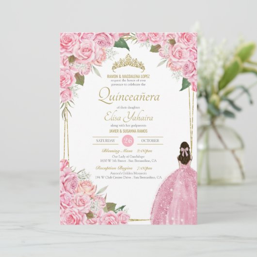 Rosa Quinceanera Rose Blumenstrauß Rosa Elegantes  Einladung (Stehend Vorderseite)