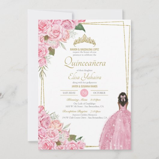 Rosa Quinceanera Rose Blumenstrauß und Rosa Elegan Einladung (Vorderseite)
