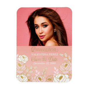 Rosa Quinceanera Save the Date mit Gold Magnet
