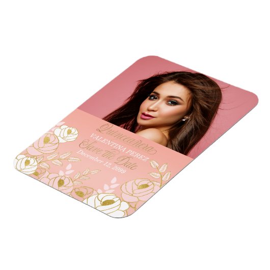Rosa Quinceanera Save the Date mit Gold Magnet (Linke Seite)