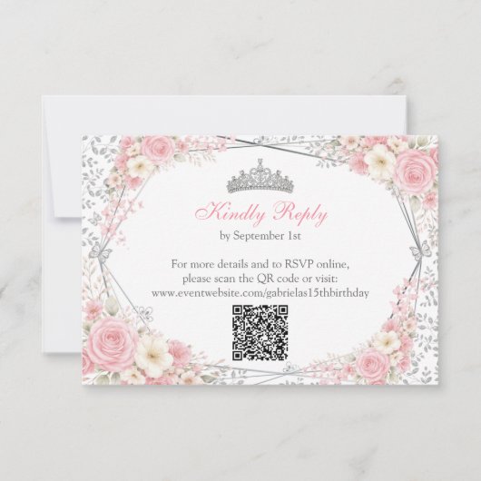 Rosa Quinceañera Silber-Schmetterling  RSVP Karte (Vorderseite)