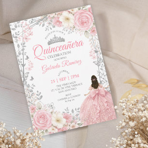 Rosa Quinceañera Silber Schmetterlinge Einladung