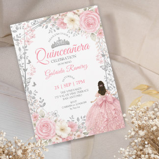 Rosa Quinceañera Silber Schmetterlinge Einladung