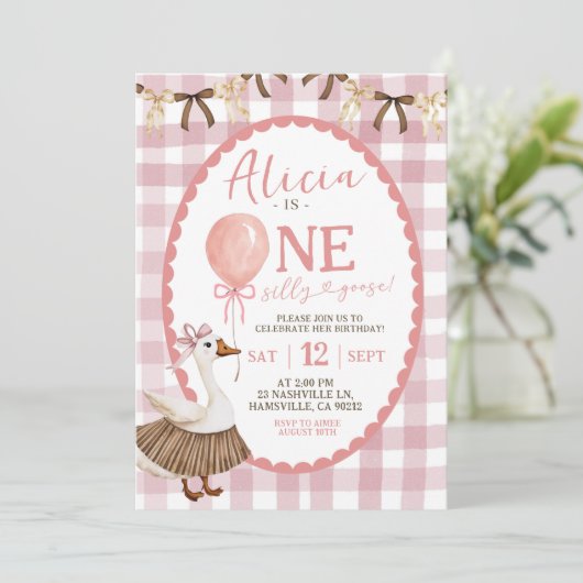 Rosa Quirky Hand gezogen eine Alberne Gans Einladung (Stehend Vorderseite)