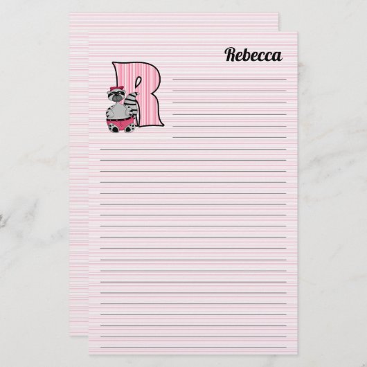 Rosa Raccoon Mongram Letter R mit Name Linken Briefpapier (Vorne/Hinten)