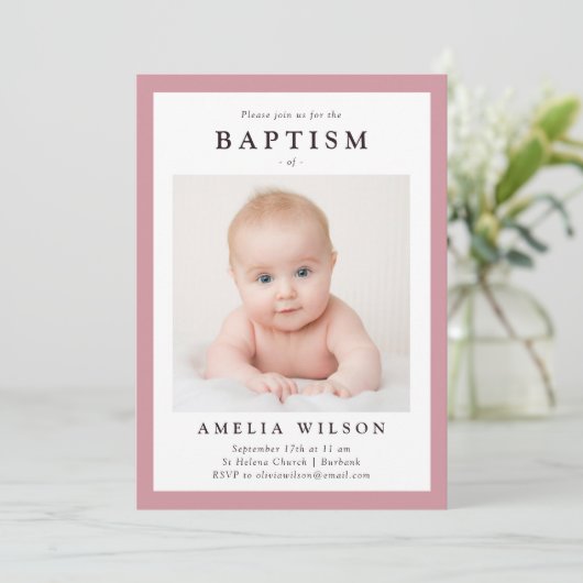 Rosa Rahmen einfache Taufe Einladung (Stehend Vorderseite)