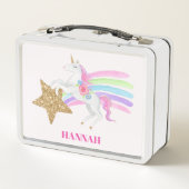 Rosa Rainbow Unicorn mit Gold Glitzer Star Girls Metall Brotdose (Rückseite)