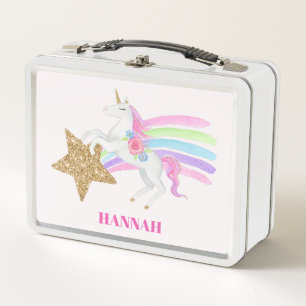 Rosa Rainbow Unicorn mit Gold Glitzer Star Girls Metall Brotdose