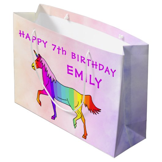 Rosa Rainbow Unicorn Pferdeame Girl Birthday Große Geschenktüte (Rückseite Schrägansicht)