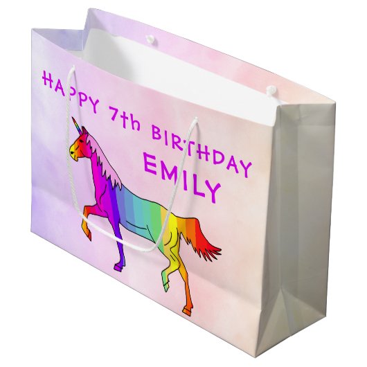 Rosa Rainbow Unicorn Pferdeame Girl Birthday Große Geschenktüte (Vorderseite Schrägansicht)