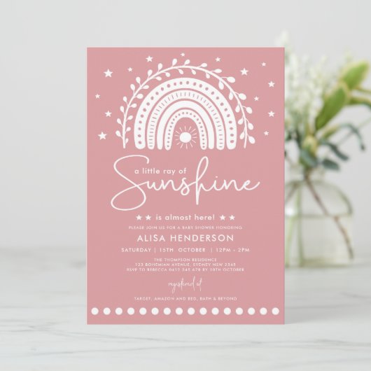 Rosa Ray von Sunshine Rainbow Baby Shower Einladung (Stehend Vorderseite)