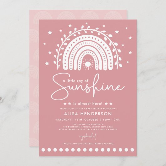 Rosa Ray von Sunshine Rainbow Baby Shower Einladung (Vorne/Hinten)