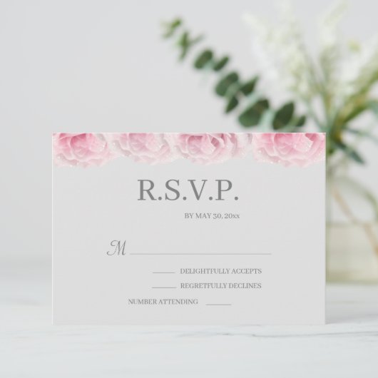 Rosa Real Rose Blume Elegantes Grey Wedding RSVP Einladung (Stehend Vorderseite)