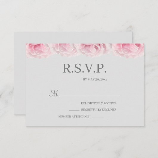 Rosa Real Rose Blume Elegantes Grey Wedding RSVP Einladung (Vorne/Hinten)