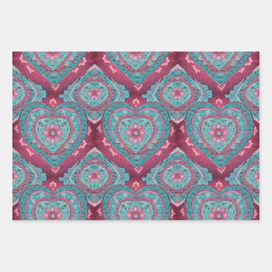 Rosa Red & Aqua Valentine's Day Heart Mandala Geschenkpapier Set (Vorderseite)