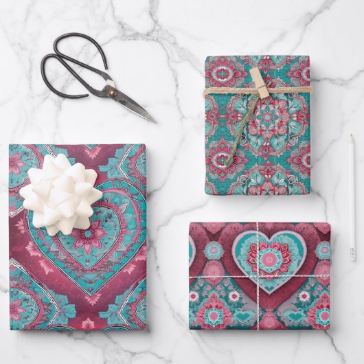 Rosa Red & Aqua Valentine's Day Heart Mandala Geschenkpapier Set (Vorderseite)