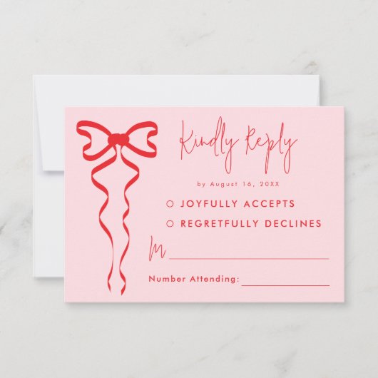 Rosa Red Bow Modern Wedding RSVP Card (Vorderseite)