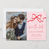 Rosa Red Bow Moderne Foto Hochzeit Save The Date (Vorderseite)