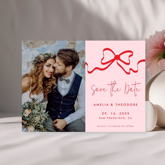 Rosa Red Bow Moderne Foto Hochzeit Save The Date