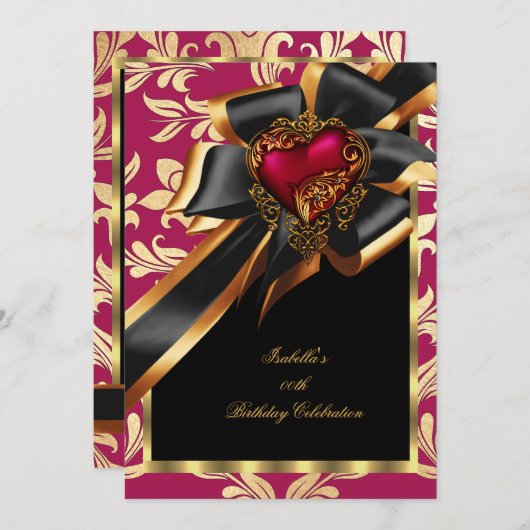 Rosa Red Gold Heft Bow Black Birthday Party 2 Einladung (Vorne/Hinten)