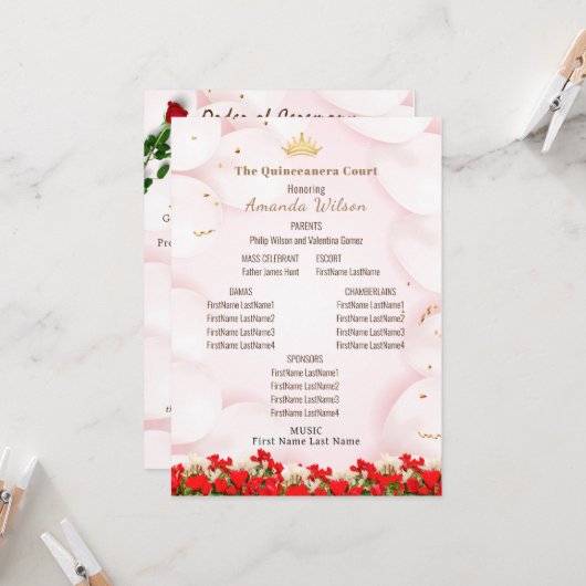 Rosa Red Quinceanera Celebration Editable Program Einladung (Vorderseite/Rückseite Beispiel)