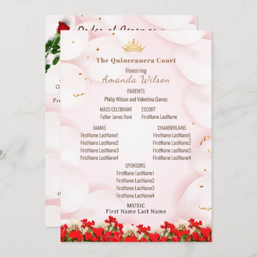 Rosa Red Quinceanera Celebration Editable Program Einladung (Vorne/Hinten)
