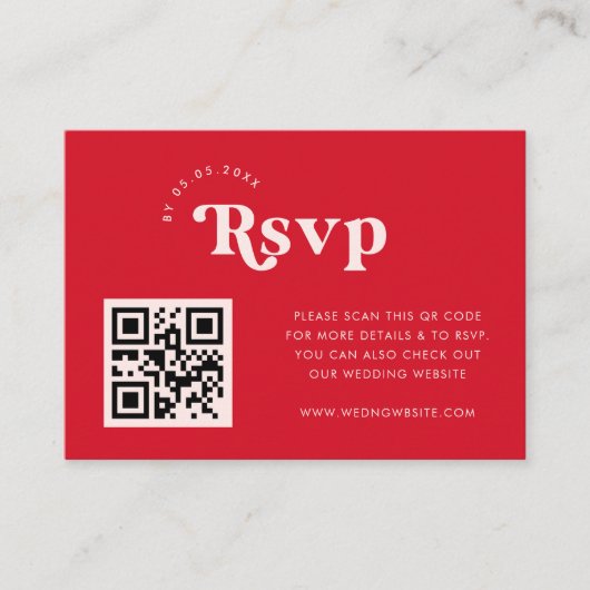 Rosa Red Retro Script Custom QR Code Wedding RSVP Begleitkarte (Vorderseite)
