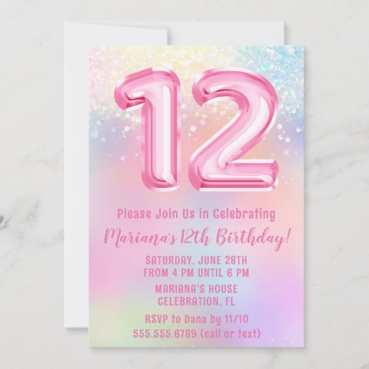 Rosa Regenbogen 12. Geburtstag Einladung (Vorderseite)