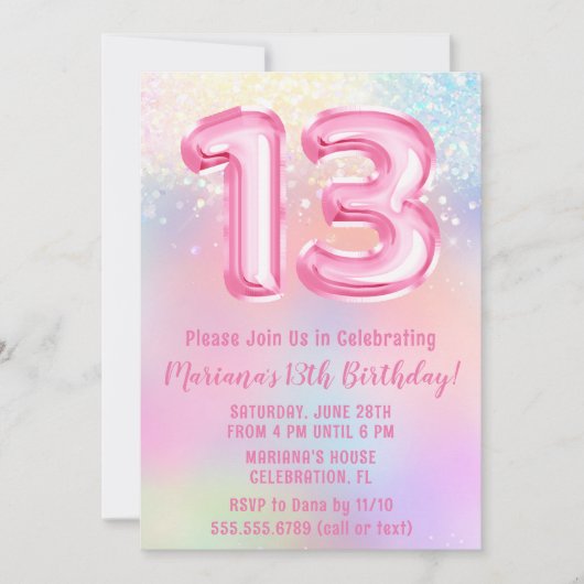 Rosa Regenbogen 13. Geburtstag Einladung (Vorderseite)
