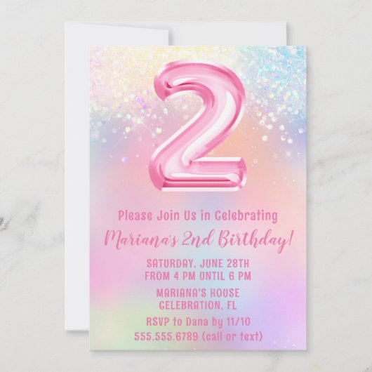 Rosa Regenbogen 2. Geburtstag Einladung (Vorderseite)