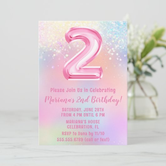Rosa Regenbogen 2. Geburtstag Einladung (Stehend Vorderseite)