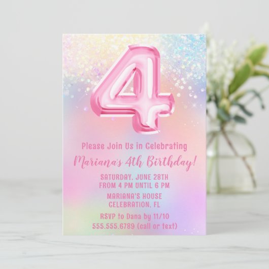 Rosa Regenbogen 4. Geburtstag Einladung (Stehend Vorderseite)