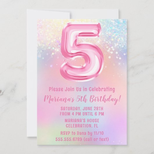 Rosa Regenbogen 5. Geburtstag Einladung (Vorderseite)